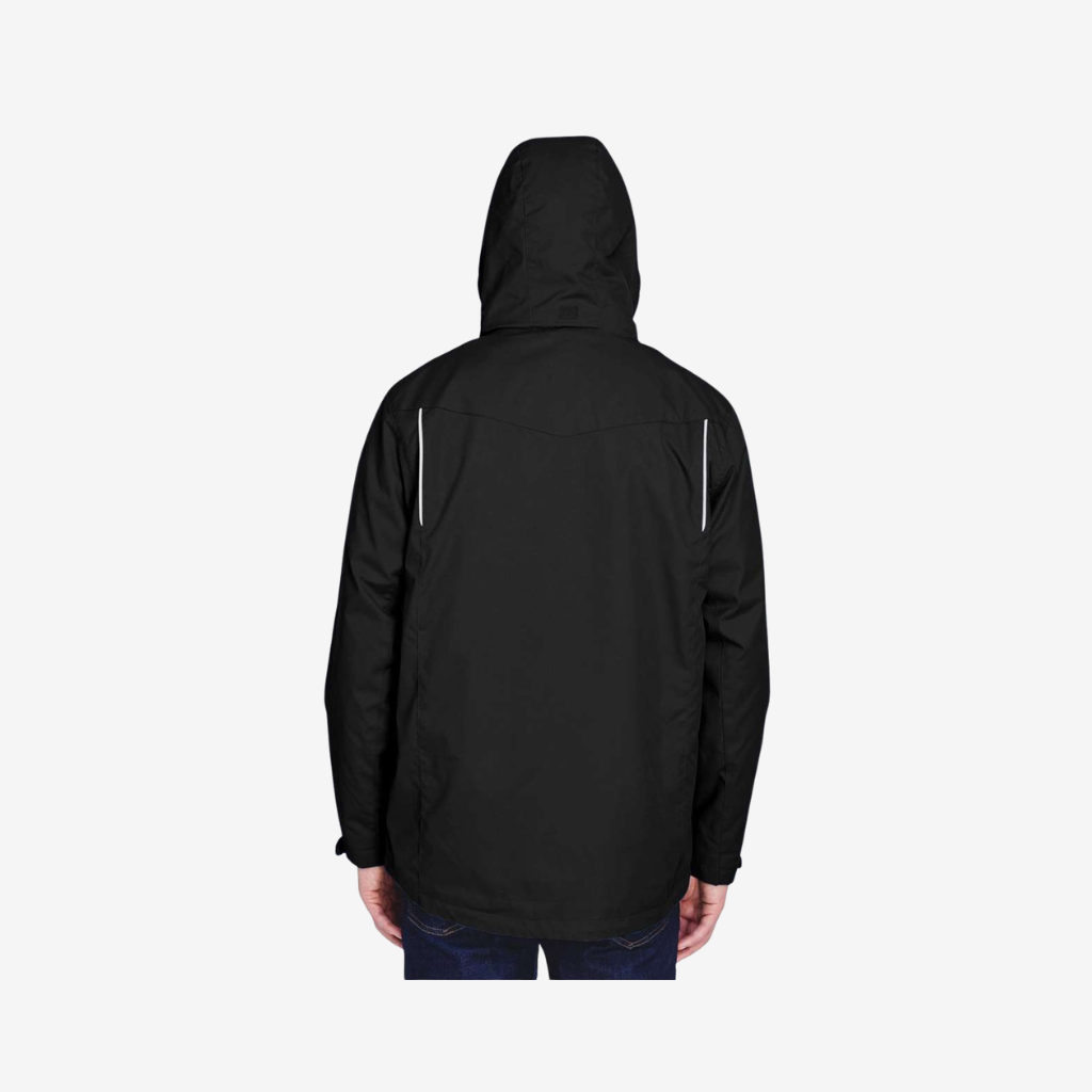 back view of black core365 mens region 3 in 1 jacket with fleece liner custom team jacket