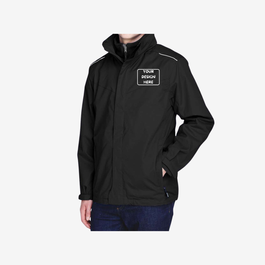 side view of black core365 mens region 3 in 1 jacket with fleece liner corporate outerwear