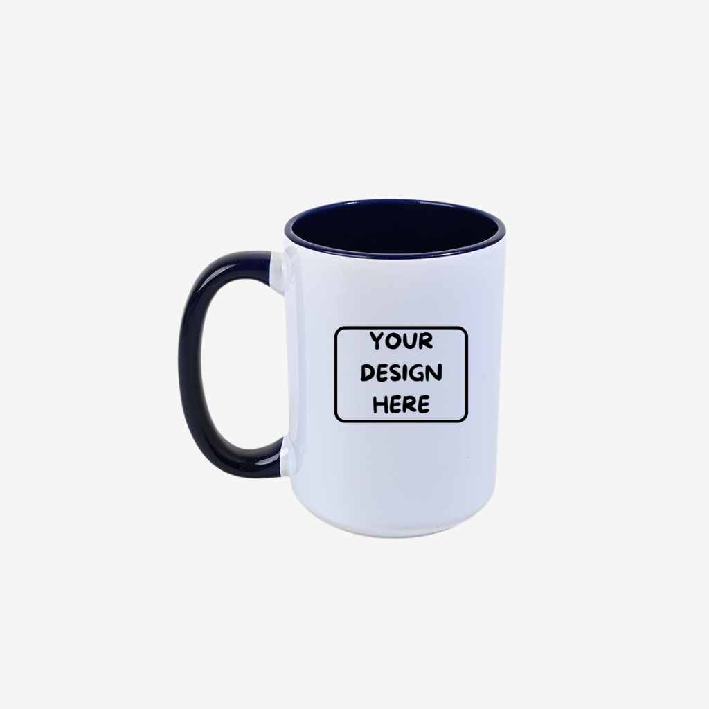 custom 15 oz two-tone ceramic mug navy handle interior corporate branded mug printing San Diego