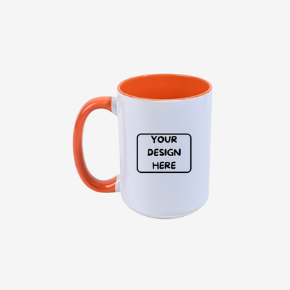 custom 15 oz two-tone ceramic mug orange handle interior glossy promotional mug printing San Diego