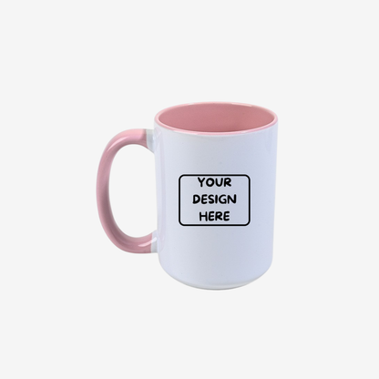 custom 15 oz two-tone ceramic mug pink handle interior glossy mug full color printing same day San Diego