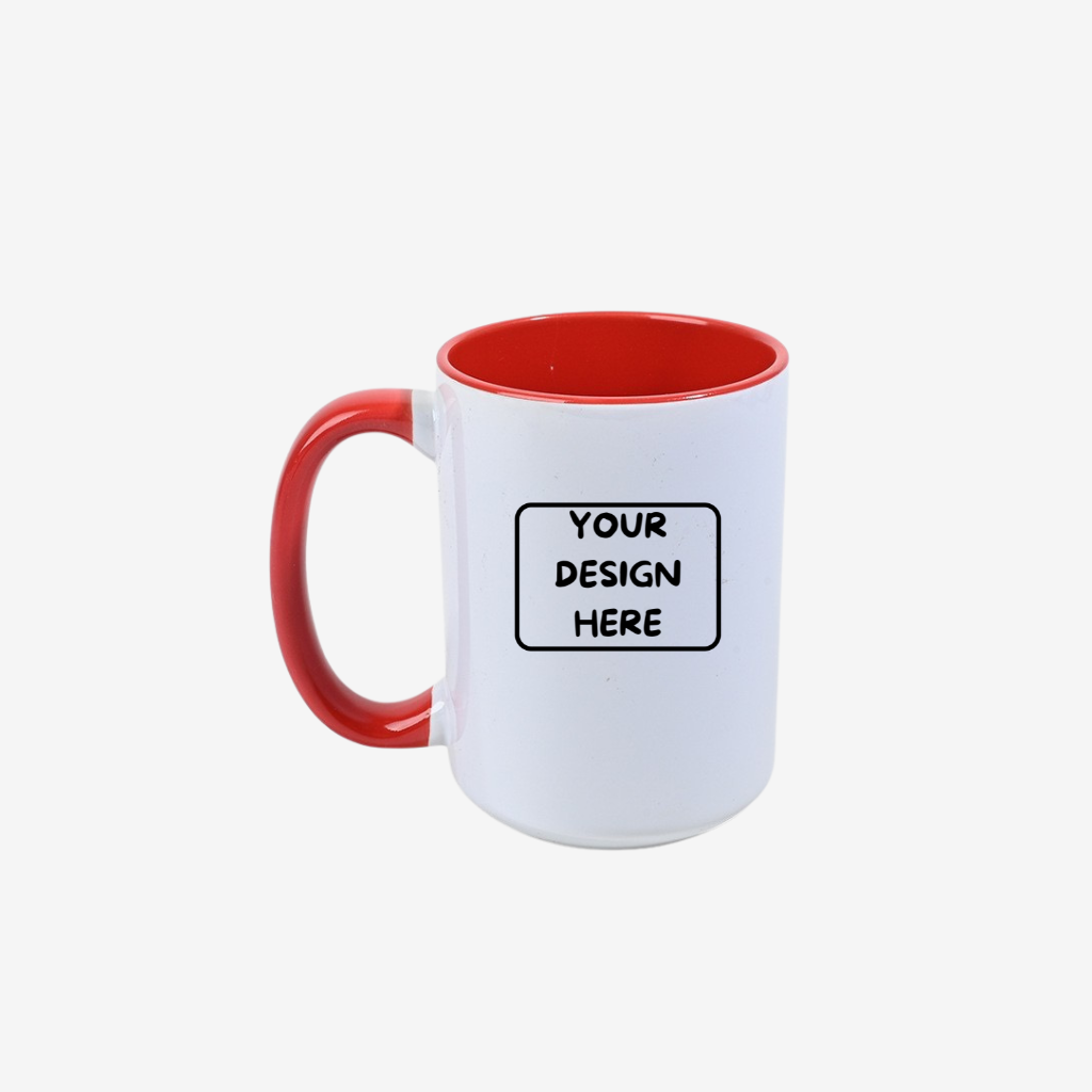 custom 15 oz two-tone ceramic mug red handle interior glossy mug full color printing same day San Diego