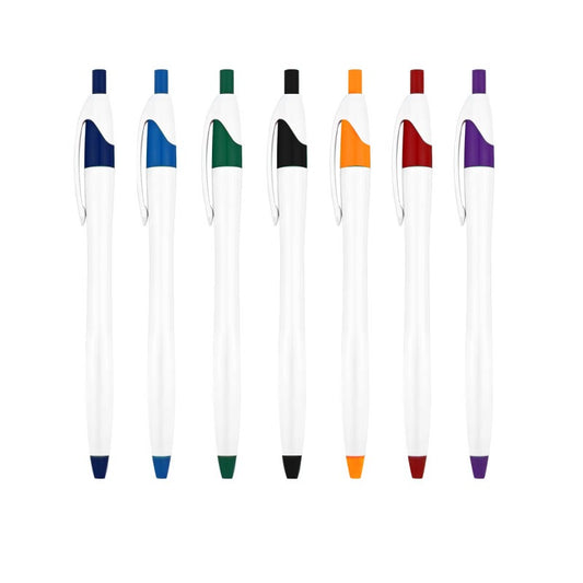 Custom medium ballpoint pens with logo available in royal blue, navy blue, forest green, black, orange, purple, and red