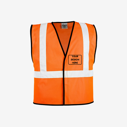 Custom orange mesh vest with hook and loop closure for construction crews, event staff, and safety use