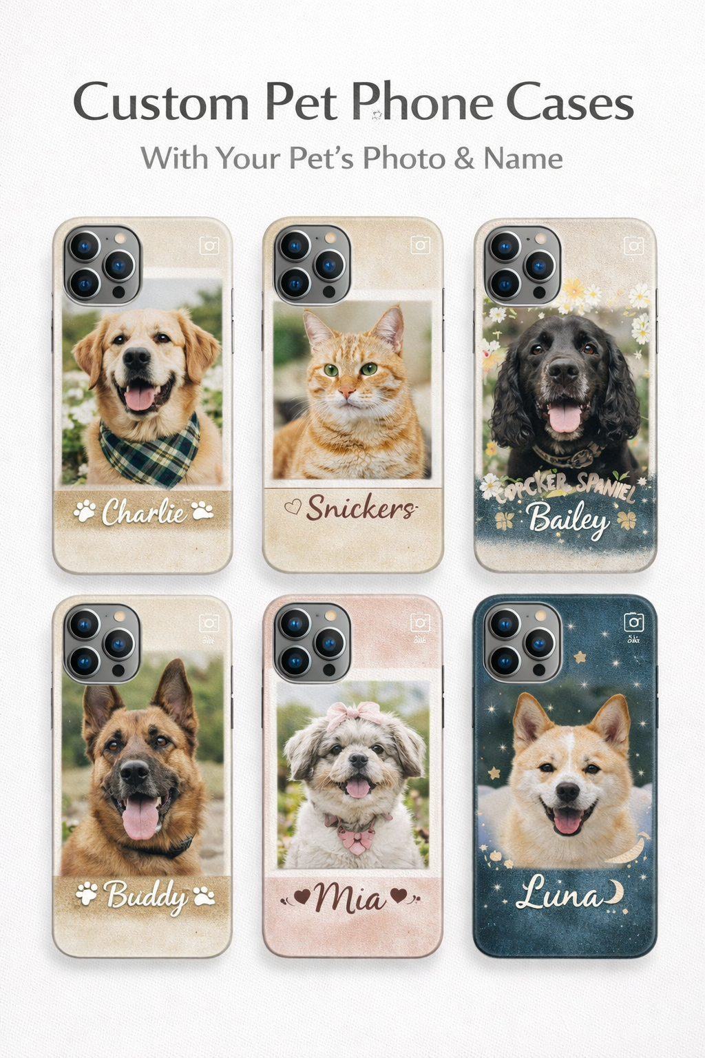 Custom pet phone cases with different designs, personalized iPhone cases showing dog and cat photos with names in various styles