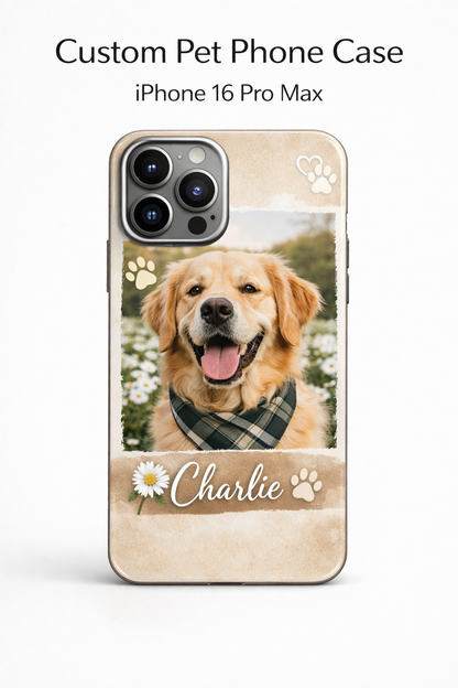 Personalized custom phone case with pet photo, perfect gift for pet lovers, emotional lifestyle image showing custom iPhone case with dog design