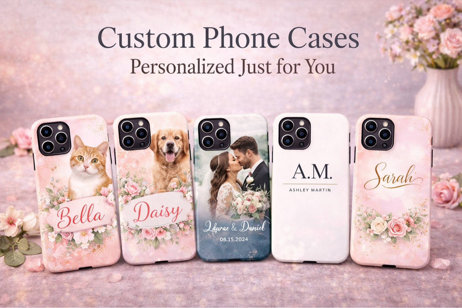 Custom personalized phone cases for couples, pets, and weddings