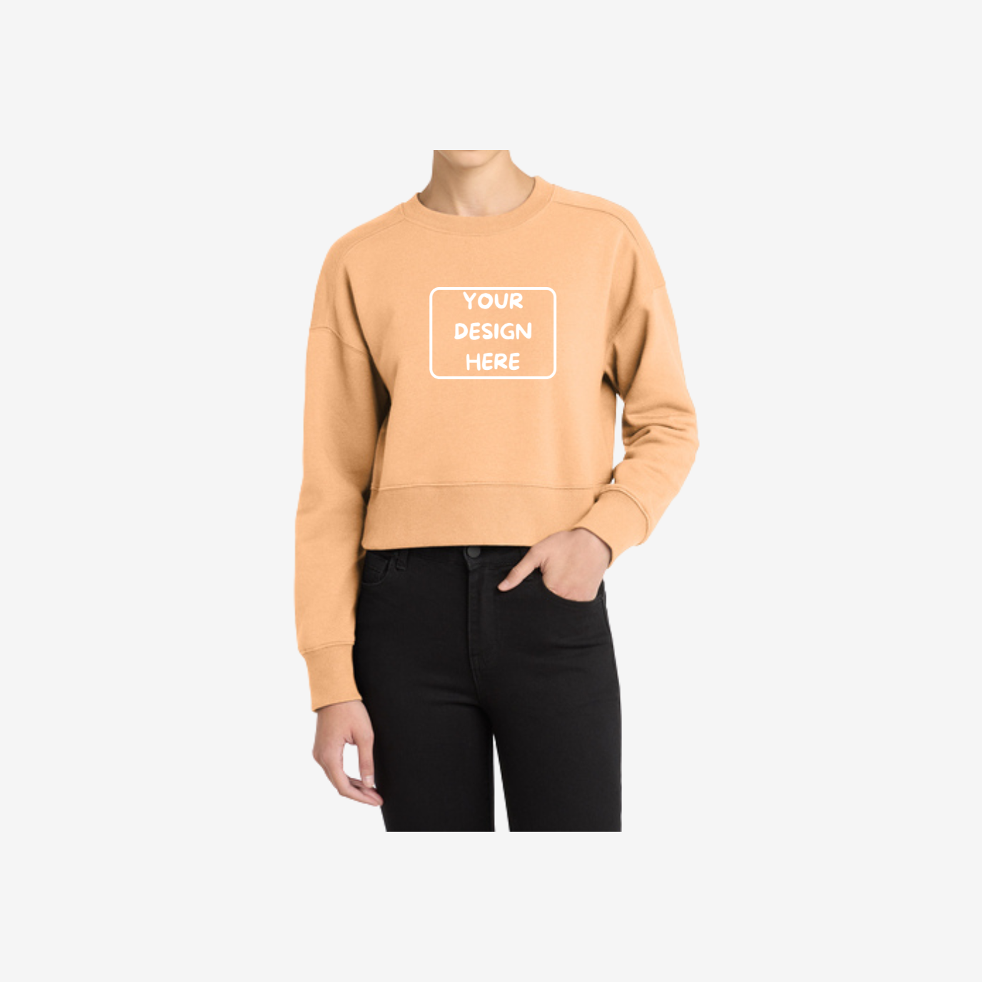 District Women’s Perfect Weight Cropped Crewneck Sweatshirt in Apricot, soft lightweight cropped fleece ideal for custom printing and boutique apparel