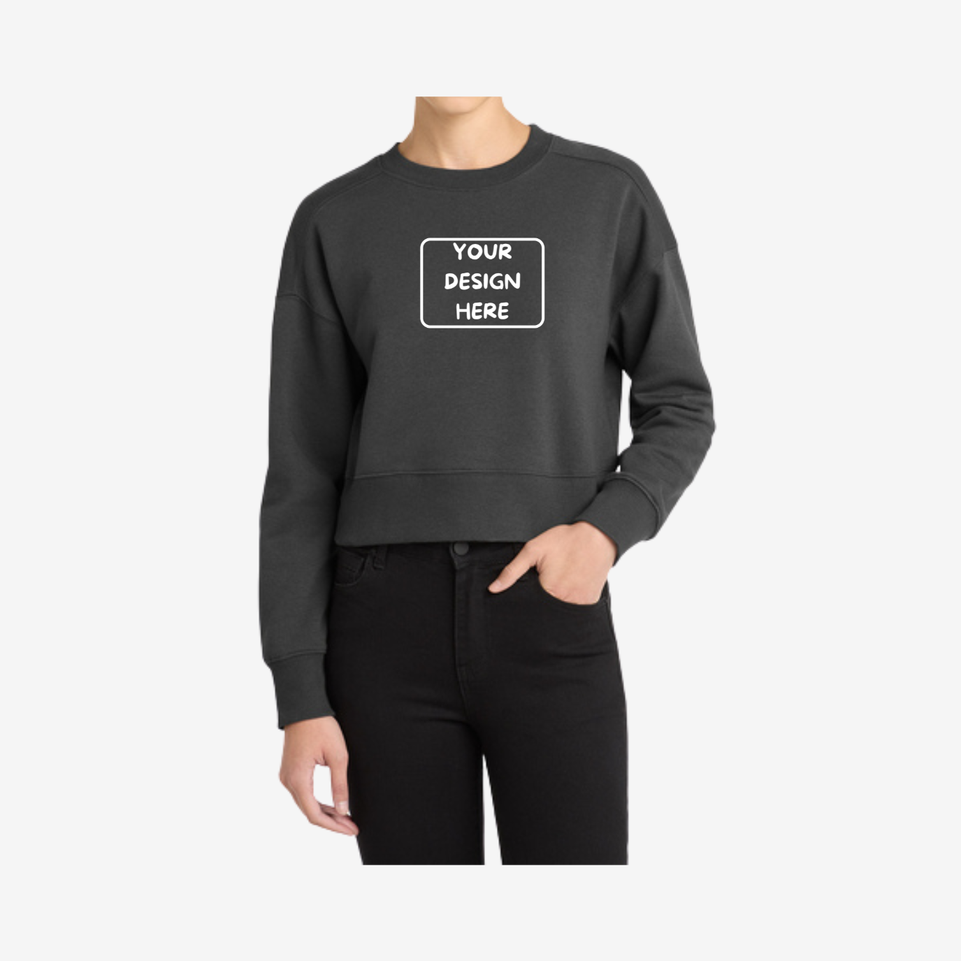 District Women’s Perfect Weight Cropped Crewneck Sweatshirt in Charcoal, soft lightweight cropped fleece ideal for custom printing and boutique apparel