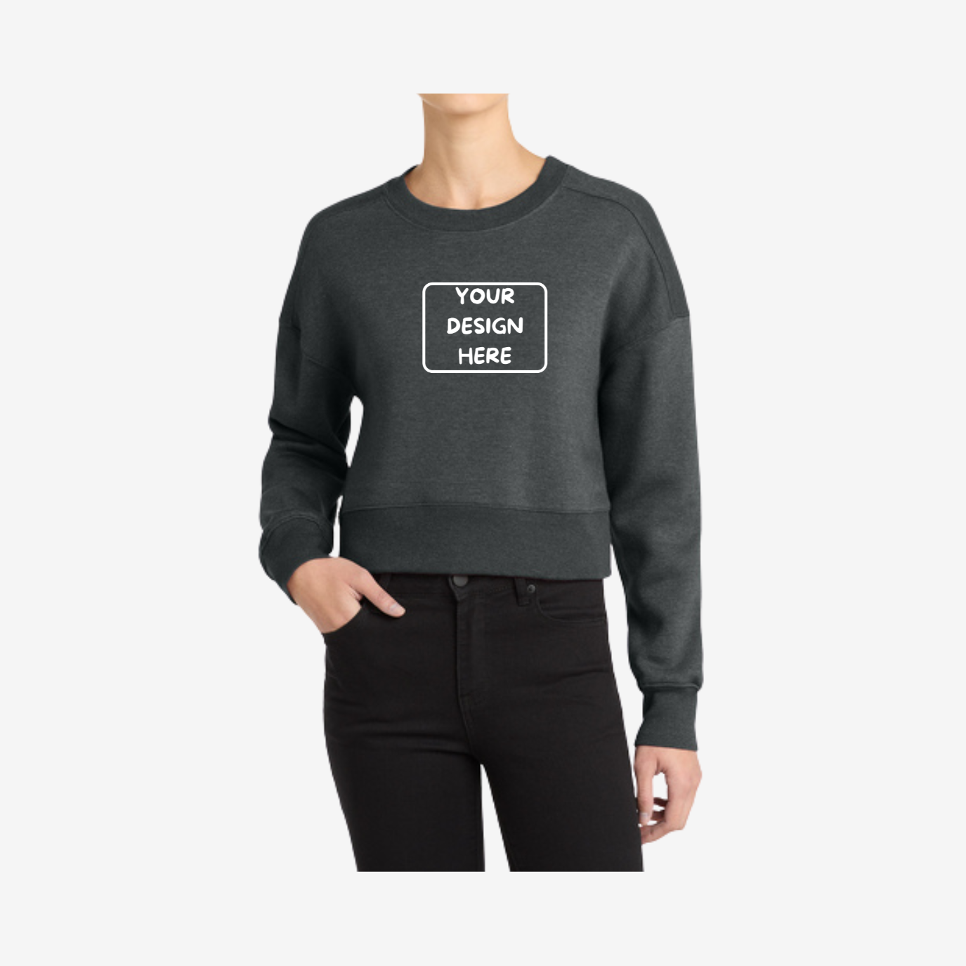 District Women’s Perfect Weight Cropped Crewneck Sweatshirt in Heathered Charcoal, soft lightweight cropped fleece ideal for custom printing and boutique apparel