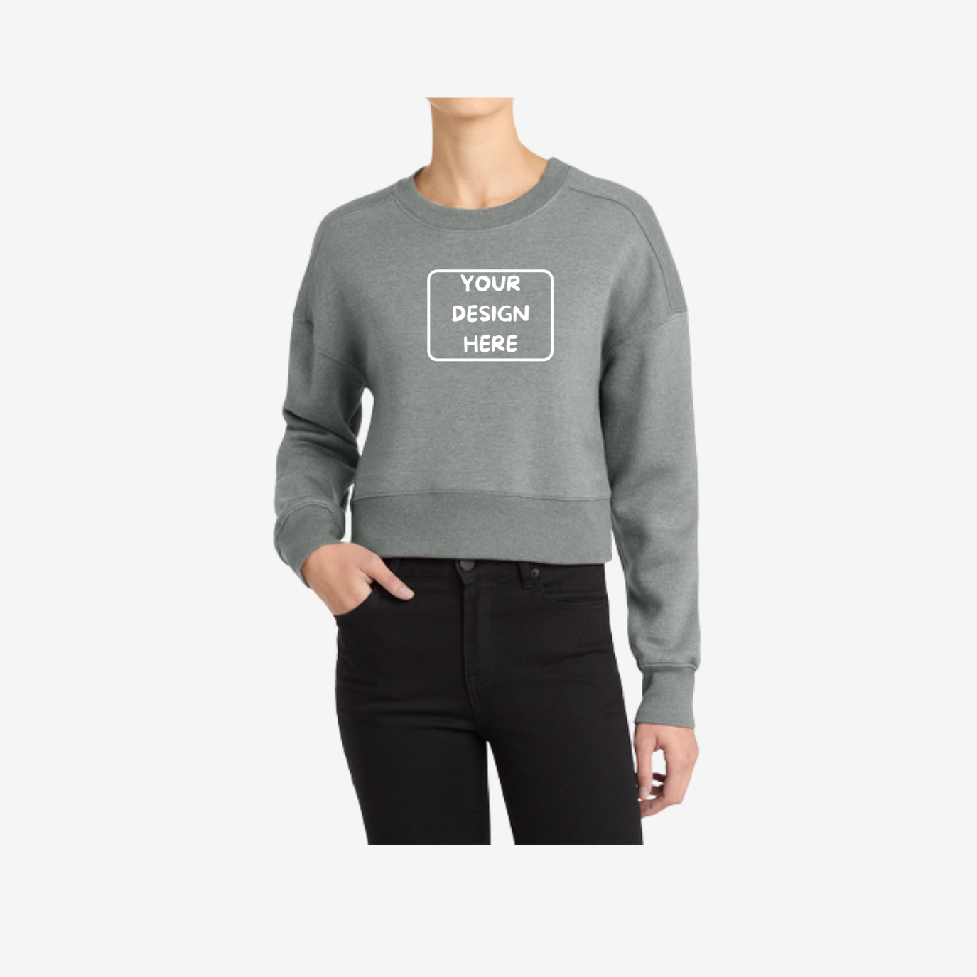 District Women’s Perfect Weight Cropped Crewneck Sweatshirt in Heathered Steel, soft lightweight cropped fleece ideal for custom printing and boutique apparel