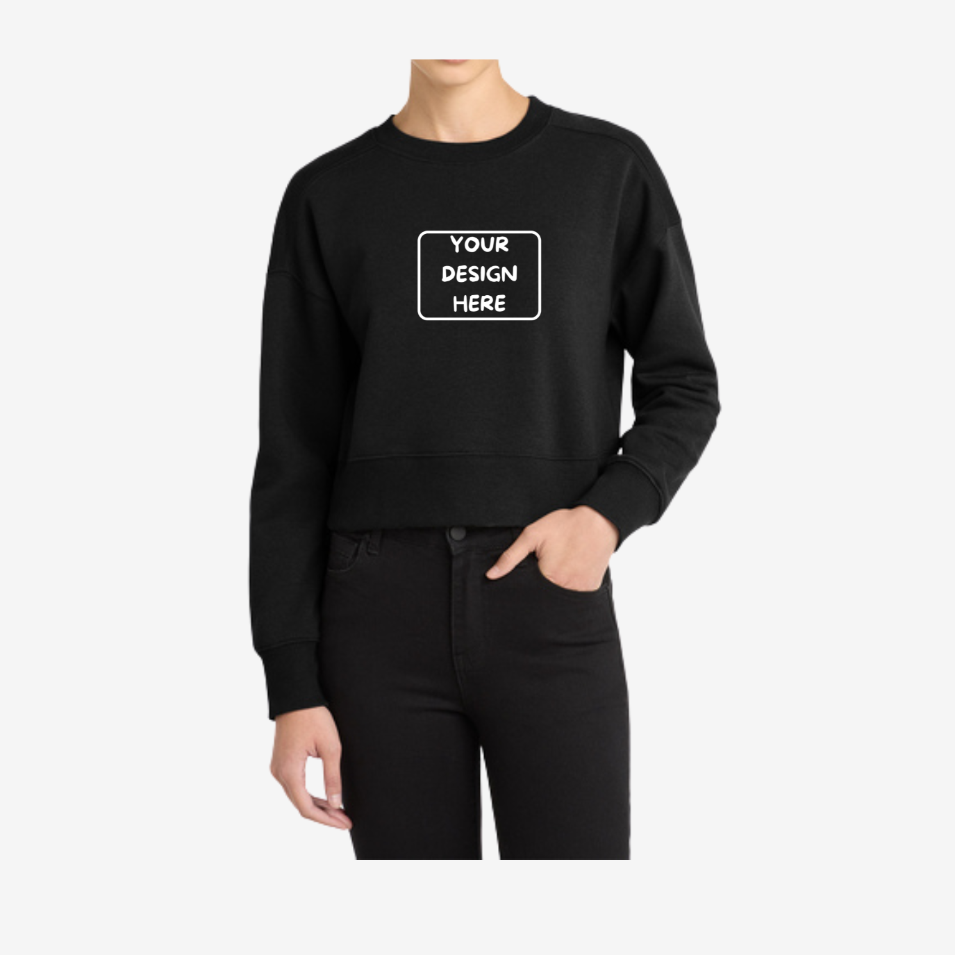 District Women’s Perfect Weight Cropped Crewneck Sweatshirt in White, soft lightweight cropped fleece ideal for custom printing and boutique apparel