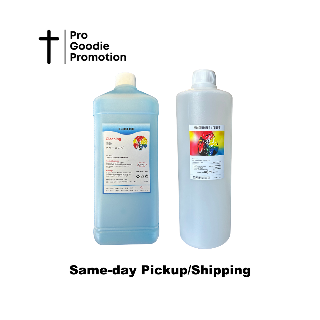 DTF Printer Maintenance Bundle with 1L Moisturizer and 1L Cleaning Solution to hydrate ink system and prevent printhead clogs – Pro Goodie Promotion San Diego