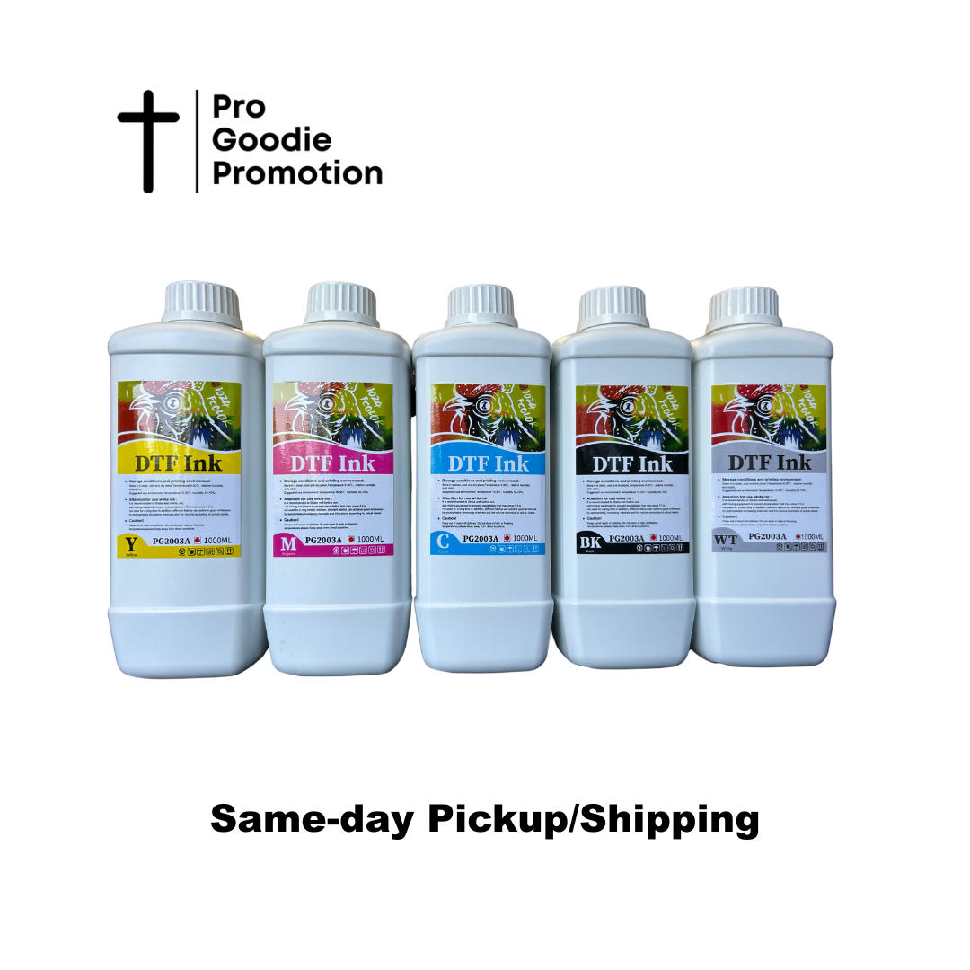 Complete CMYK plus white DTF pigment ink set for bright, durable, and high-opacity heat transfers – Pro Goodie Promotion San Diego