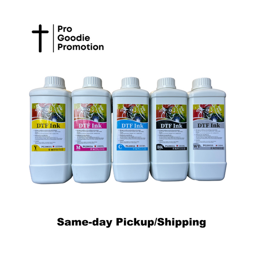 Complete CMYK plus white DTF pigment ink set for bright, durable, and high-opacity heat transfers – Pro Goodie Promotion San Diego