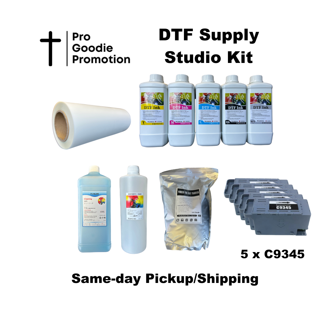 Pro Goodie™ DTF Print Supply Kit – 6x1000ml Ink + Film Roll + Super Soft Powder + 1L Cleaning & Moisturizer