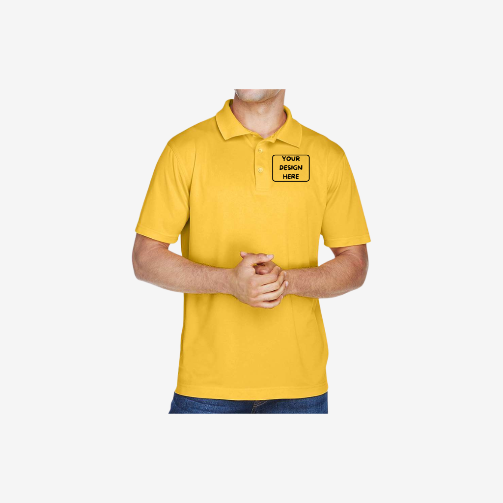 Harriton men’s polyester jersey polo gold custom embroidered team uniform polo