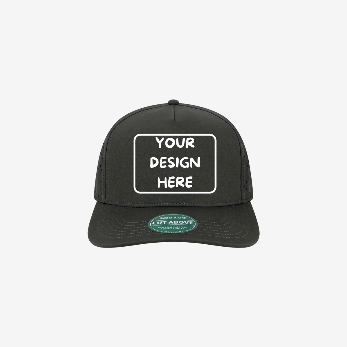 Black LEGACY CUT The Cut Above structured five-panel cap with a slightly curved bill and laser-cut ventilation panels