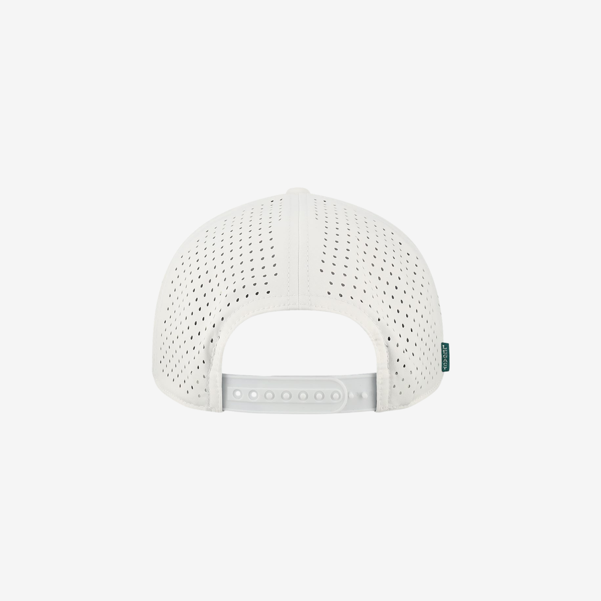 Back view of White LEGACY CUT The Cut Above cap showing laser-cut ventilation holes and the adjustable snapback closure