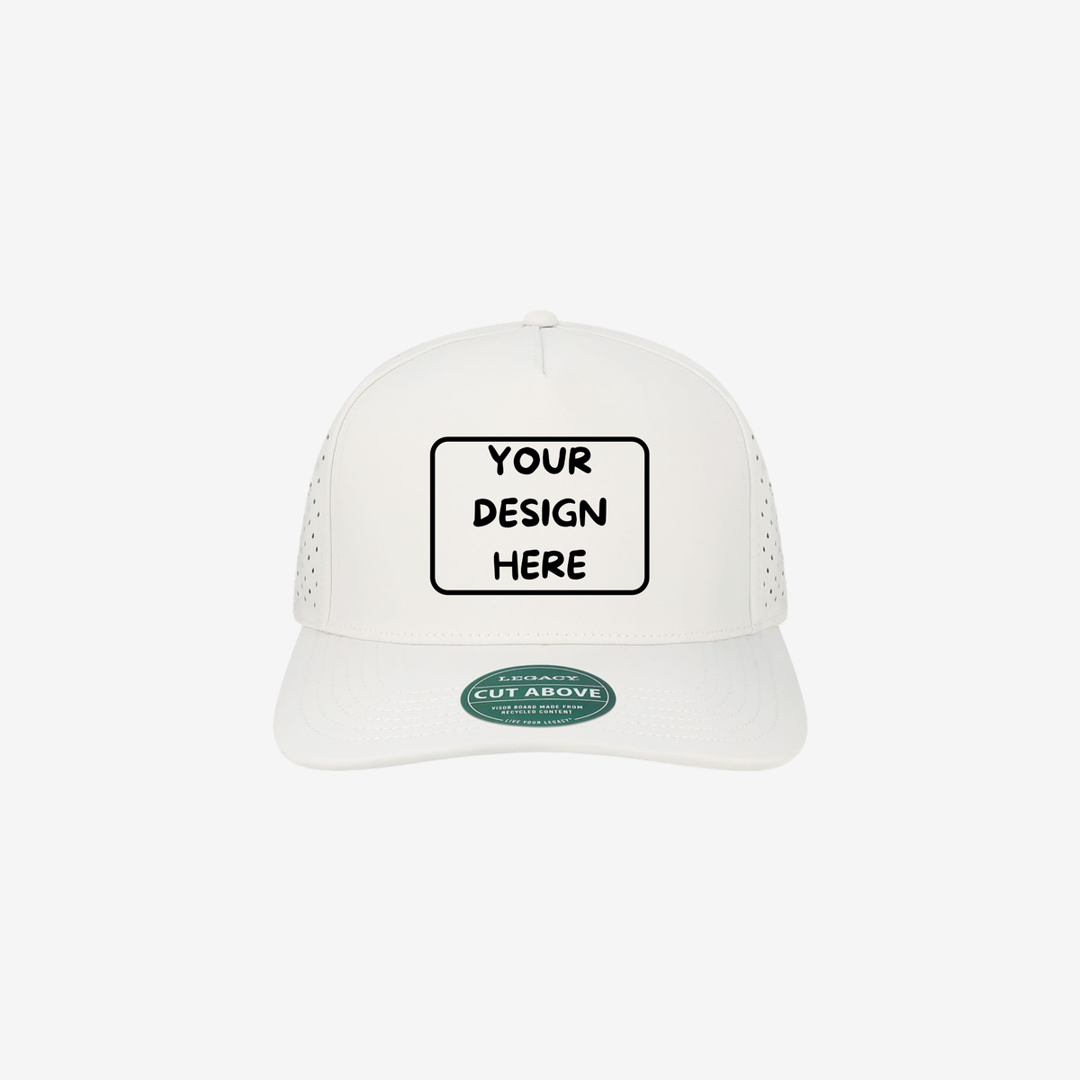 Front view of White LEGACY CUT The Cut Above five-panel cap showing the structured crown and slightly curved bill