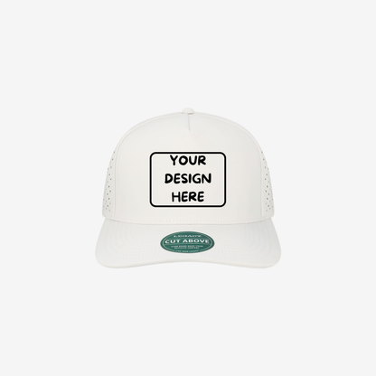 Front view of White LEGACY CUT The Cut Above five-panel cap showing the structured crown and slightly curved bill