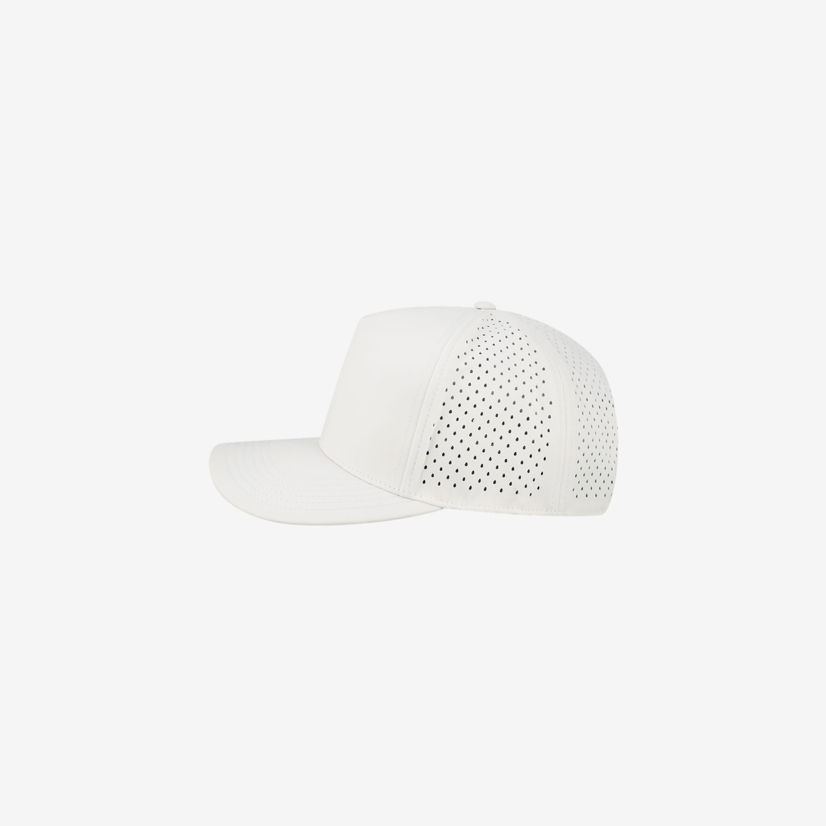 Side view of White LEGACY CUT The Cut Above cap showing the mid-profile crown, slightly curved bill and laser-cut ventilation holes