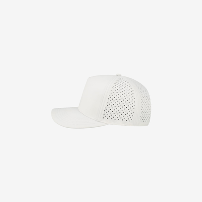 Side view of White LEGACY CUT The Cut Above cap showing the mid-profile crown, slightly curved bill and laser-cut ventilation holes