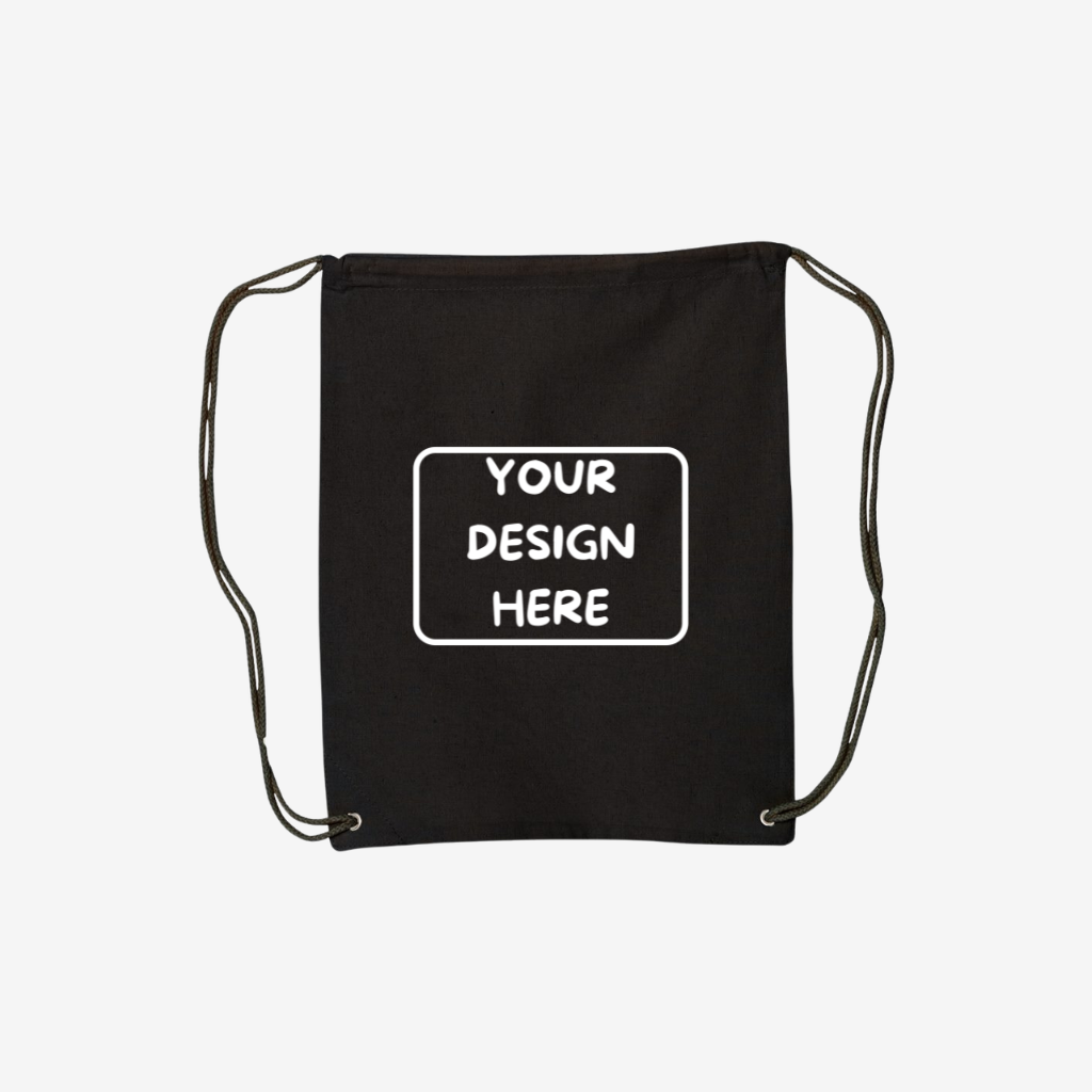 Front view of custom Liberty Bags canvas drawstring backpack in black color with logo printing and embroidery for event giveaways and promotional use