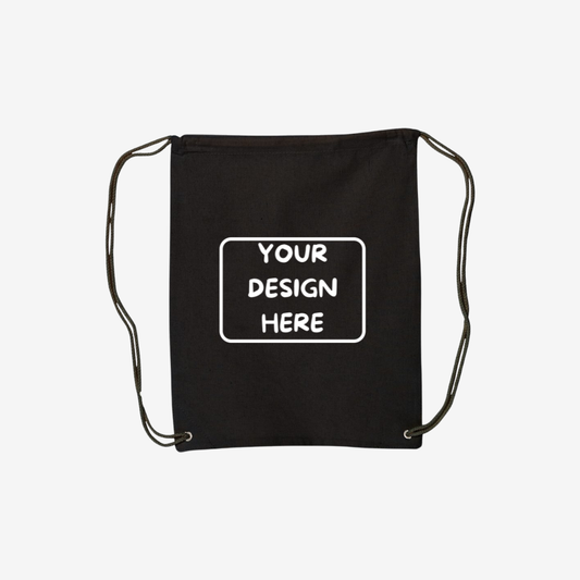 Front view of custom Liberty Bags canvas drawstring backpack in black color with logo printing and embroidery for event giveaways and promotional use