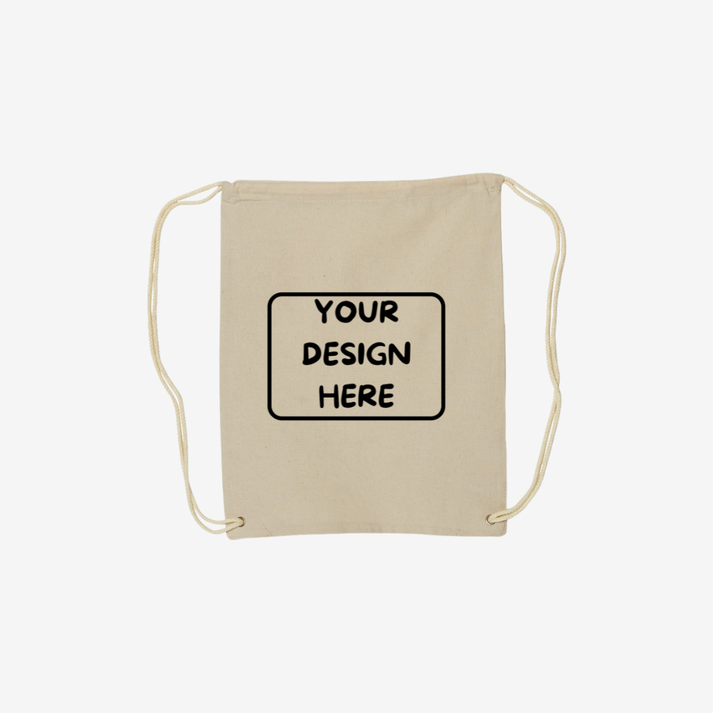 Front view of custom Liberty Bags canvas drawstring backpack in natural color with logo printing and embroidery for branding and promotional events