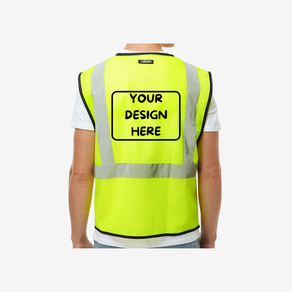 Back view of lime custom mesh vest with large logo print for volunteer and event teams