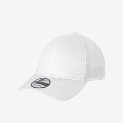 Left side view of White New Era NE209 performance cap with New Era flag logo