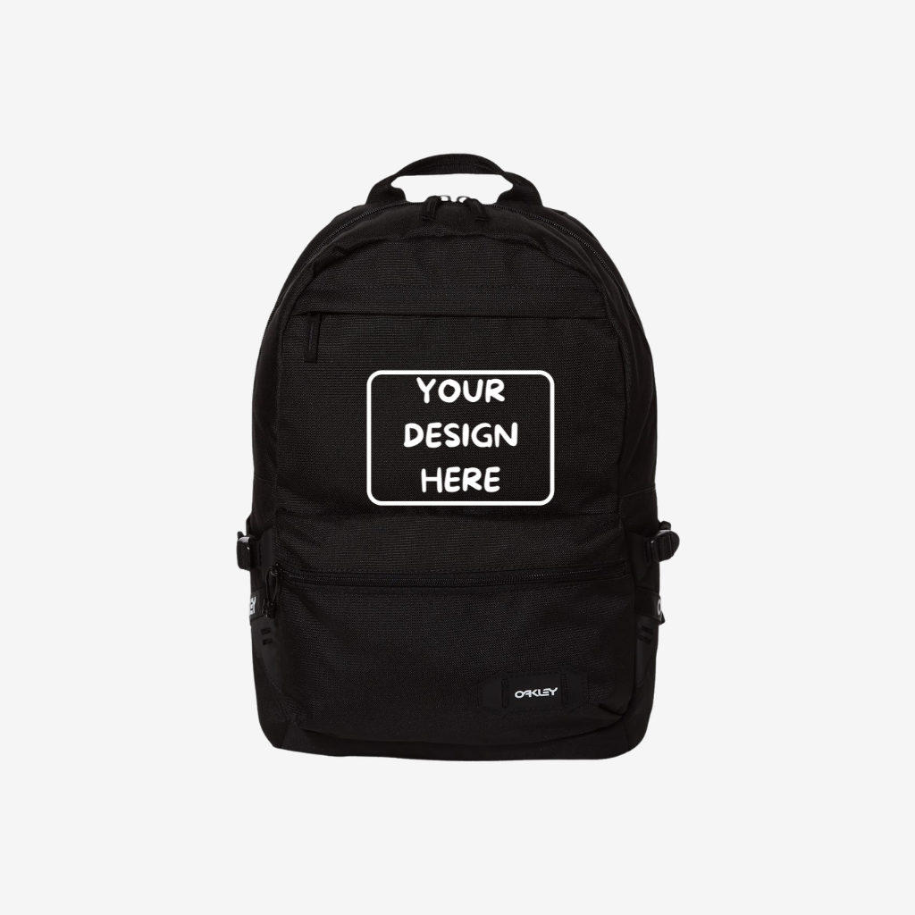 Front view of custom Oakley 20L Street Backpack in Blackout color with logo printing and embroidery for branding and promotional use