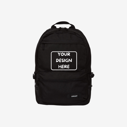 Front view of custom Oakley 20L Street Backpack in Blackout color with logo printing and embroidery for branding and promotional use