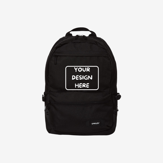 Front view of custom Oakley 20L Street Backpack in Blackout color with logo printing and embroidery for branding and promotional use