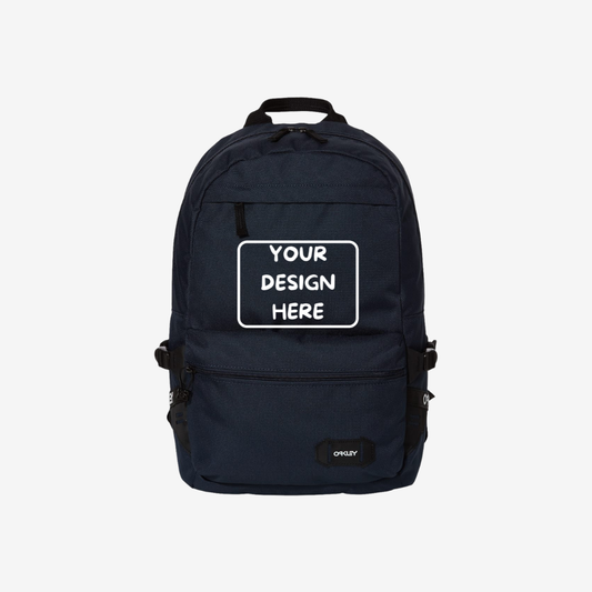 Front view of custom Oakley 20L Street Backpack in Fathom navy color with logo printing and embroidery for corporate branding