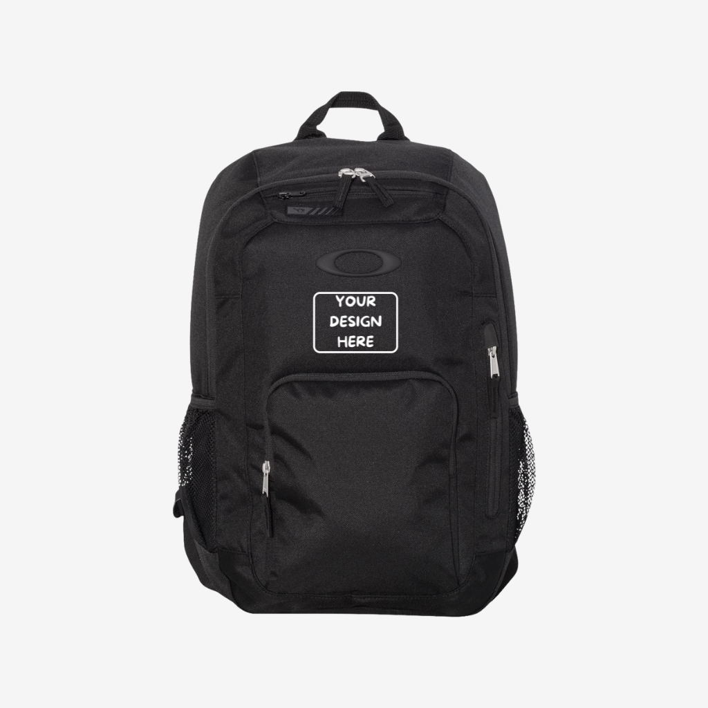 Front view of custom printed Oakley 22L Enduro backpack in Blackout color showing large logo printing area for branding and promotional use
