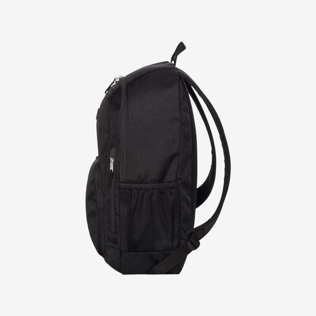Side view of custom printed Oakley 22L Enduro backpack in Blackout color highlighting slim profile and storage capacity