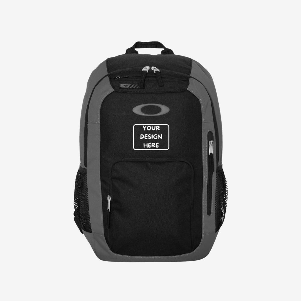 Front view of custom printed Oakley 22L Enduro backpack in Grigio Scuro dark gray color with full color logo printing for branding