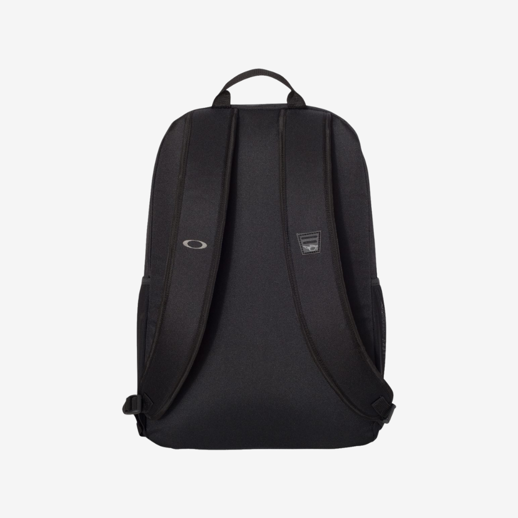 Back view of Oakley 22L Method 360 Ellipse Backpack in Blackout color featuring padded shoulder straps and breathable back panel