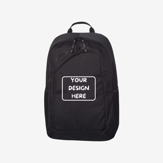 Front view of custom Oakley 22L Method 360 Ellipse Backpack in Blackout color with logo printing and embroidery for corporate branding and promotional use in the USA