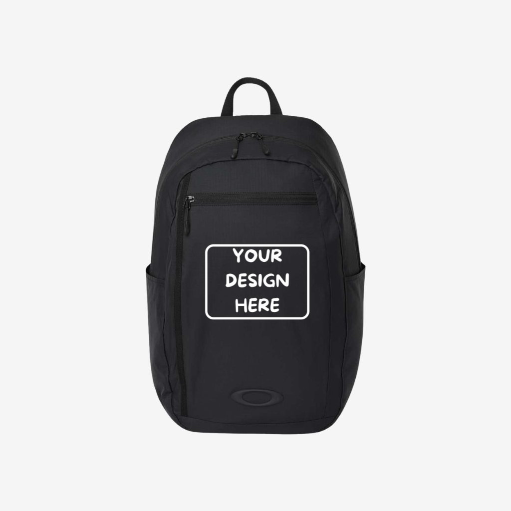 Front view of custom Oakley 22L Sport Backpack in Blackout color with logo printing and embroidery for branding and promotional use