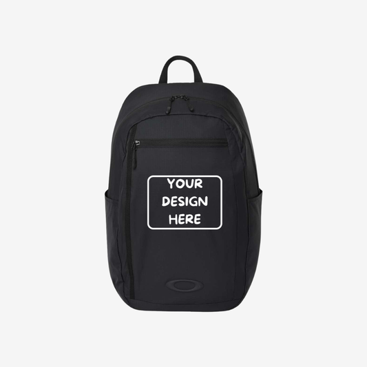 Front view of custom Oakley 22L Sport Backpack in Blackout color with logo printing and embroidery for branding and promotional use