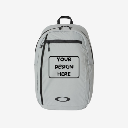 Front view of custom Oakley 22L Sport Backpack in Stone Grey color with logo printing and embroidery for corporate branding