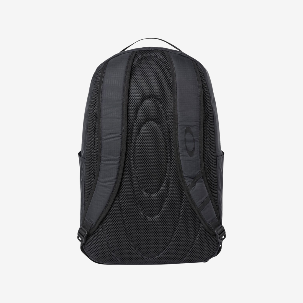 Back view of Oakley 28L Sport Backpack in Blackout color featuring padded straps and breathable back panel