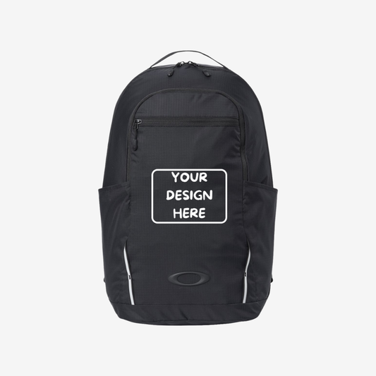 Front view of custom Oakley 28L Sport Backpack in Blackout color with logo printing and embroidery for branding and promotional use