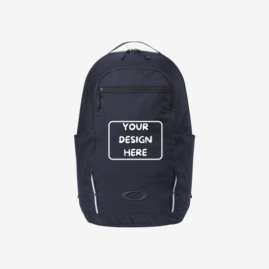 Front view of custom Oakley 28L Sport Backpack in Team Navy color with logo printing and embroidery for corporate branding