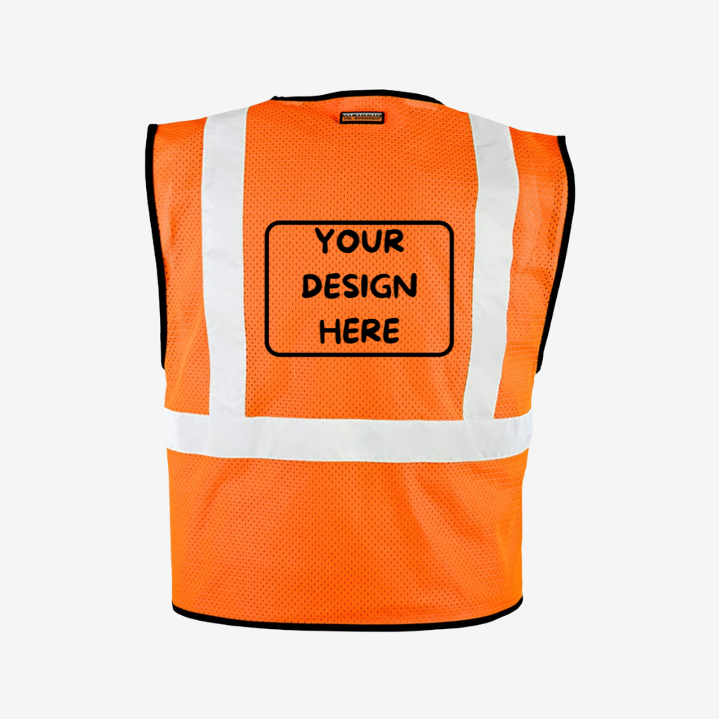 Back view of orange custom mesh vest with logo for construction crew and staff uniforms