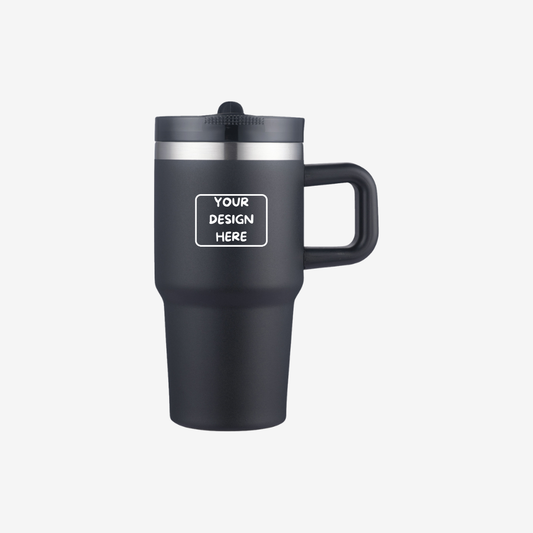 black 20 oz vacuum insulated tumbler mug with handle front view custom logo printing and engraving