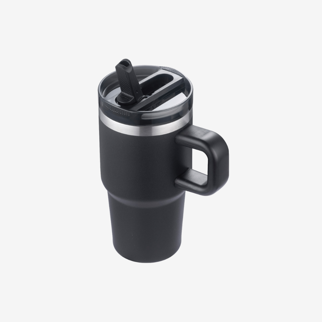 side view of black 20 oz vacuum insulated tumbler mug with handle custom promotional drinkware